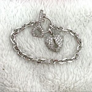 Silver heart lock and key toggle bracelet